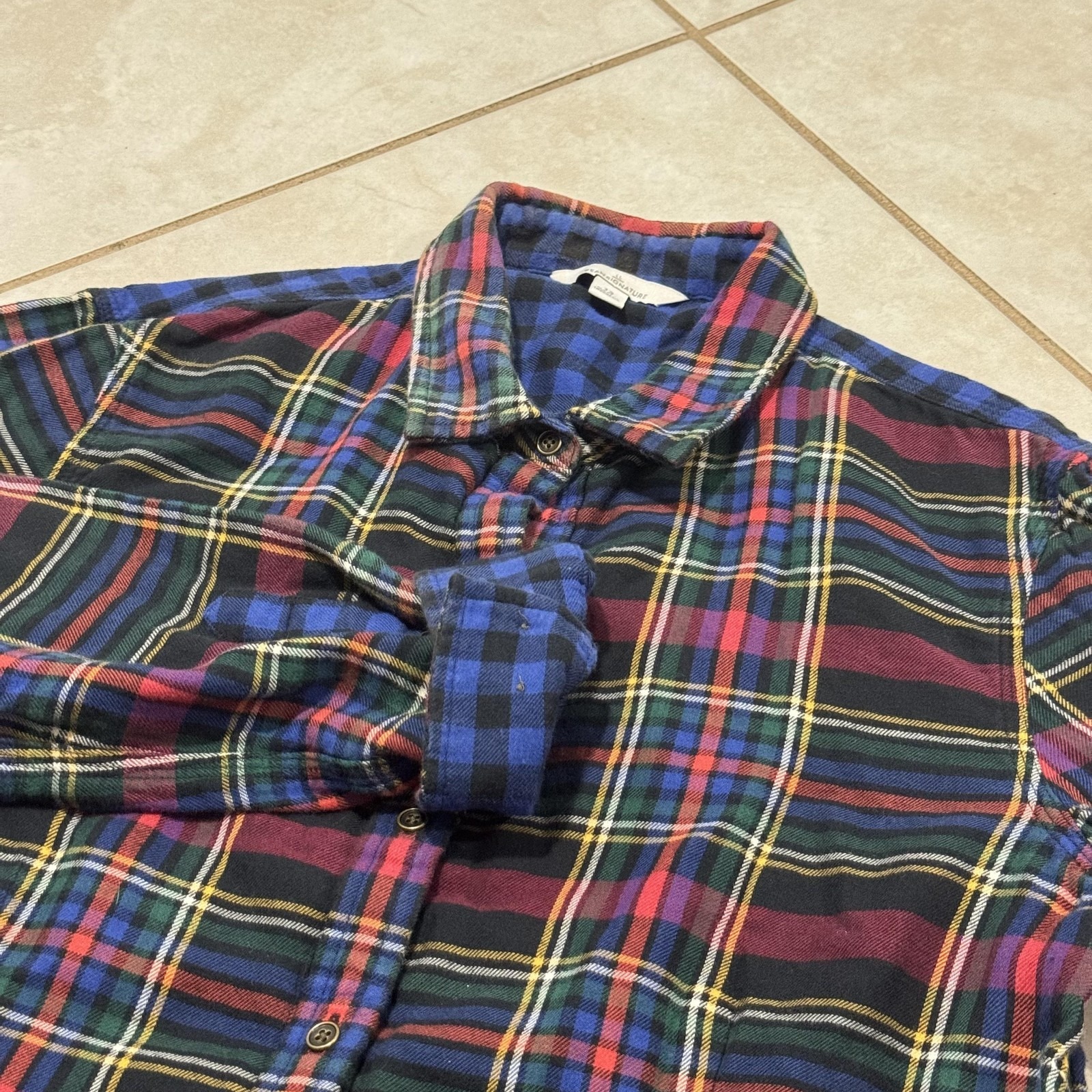 Ll Bean Signature Flannel Shirt Womens 12 Plaid Blue Buffalo Check Contrast
